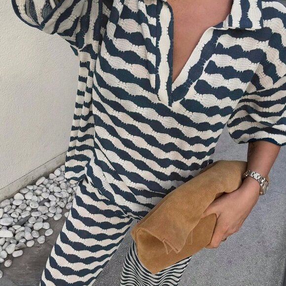 Blue Casual Women's Embellished Top & Pants Set - Picture 3 of 9